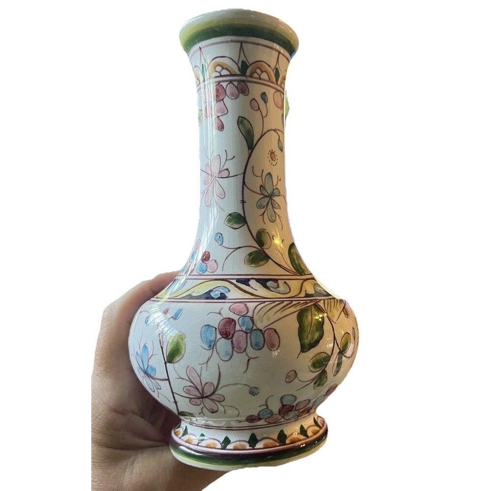 Vintage Berardos Portugal Hand Painted Vase Birds Floral SEC XXII Signed #1-413